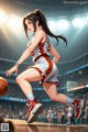 A woman in a basketball uniform dribbling a basketball on a court.