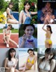 A collage of photos of a woman in a bikini.