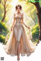 A woman in a wedding dress walking through a forest.