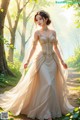 A woman in a wedding dress walking through a forest.