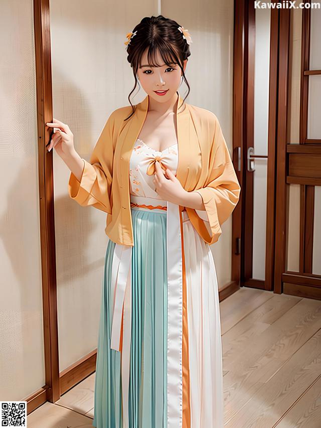 A woman in a long dress and a yellow kimono posing for a picture.